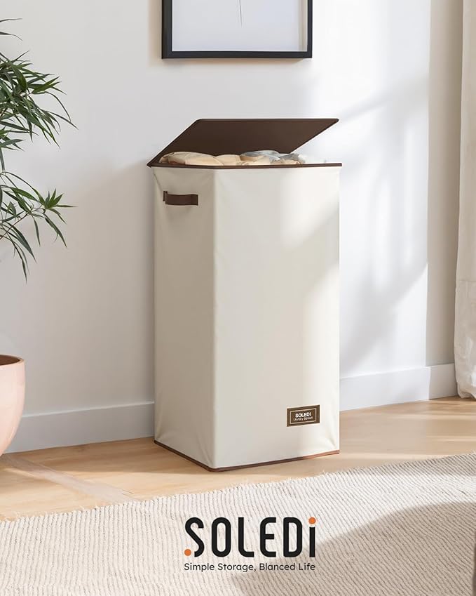 SOLEDI Slim Laundry Hamper with Lid, Narrow Laundry Basket with Removable Bags, Dirty Clothes Hamper with handle, Small Hamper perfect for Laundry room, Bathroom, Bedroom, Small spaces. 70L Beige