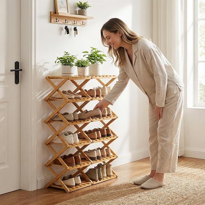 The 9-Tier No-Assembly Bamboo Rack, 3-9 Tiers Bamboo Shoe Rack, Foldable Bamboo Vertical Shoe Organizer, Multifunctional & Space-Saving, For Entryway, Closet, Corner, Bedroom, Hallway (Walnut, 9Tiers)