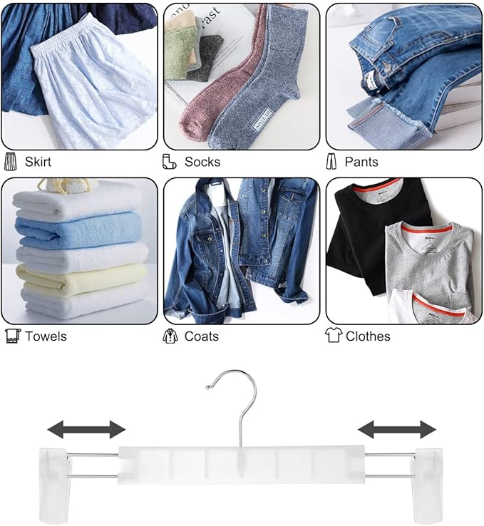 Clothes Pants Hangers, Space-Saving Skirt Holders with 360 ° Swivel Hooks, Adjustable Clips, Trouser Hangers, Clothes Coat Garment Jeans Hangers (30 Pack, Transparent)