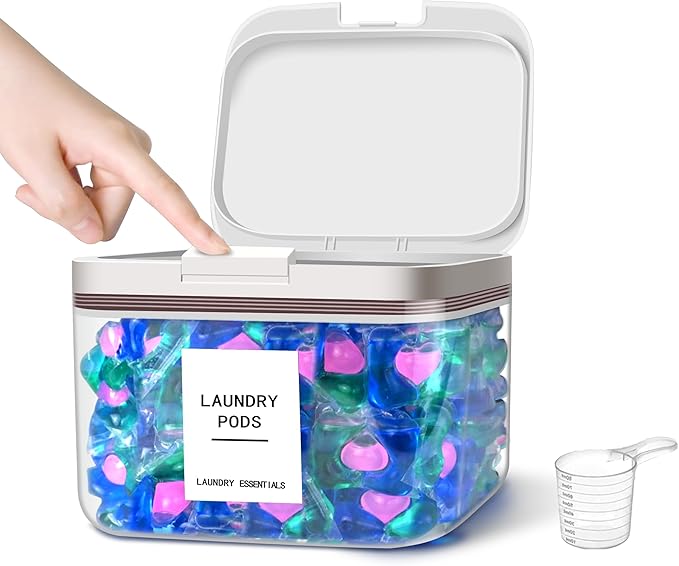 94oz/2.8L Laundry Pods Container for Room Organization, Pod Up Holder With 30 Labels and Scoop, Detergent Powder Container, Dryer Sheet Holder, 150 Pods