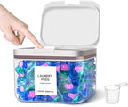 94oz/2.8L Laundry Pods Container for Room Organization, Pod Up Holder With 30 Labels and Scoop, Detergent Powder Container, Dryer Sheet Holder, 150 Pods