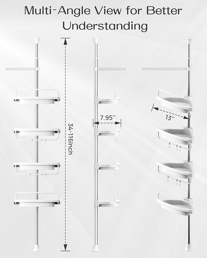 ALLZONE Rustproof Shower Caddy Corner for Bathroom, Tension Corner Shower Caddy Tension Pole, Solid Shower Organizer with 4 Adjustable Shower Shelves, Shower Rack Fit Heights 34 to 116 Inches,White