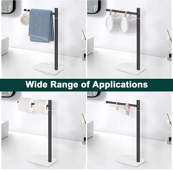 Hand Towel Holder, L-Shape Hand Towel Stand with Marble Base, Stainless Steel Swivel Hand Towel Rack Standing Towel Bar for Bathroom Kitchen Countertop, 1 Arm (Matte Black)