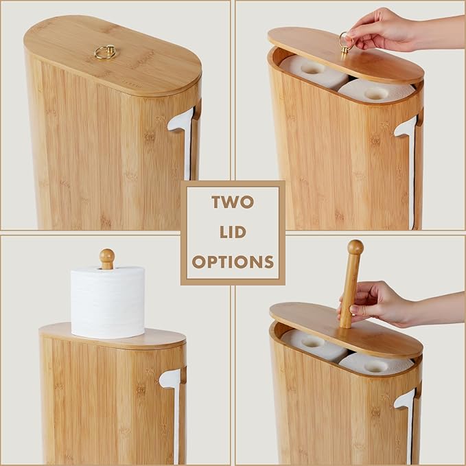 Gobam Bamboo Toilet Paper Storage with Dual-Use Lid, Freestanding Bathroom Tissue Organizer with Viewing Slot, Built-In Handle, Anti-Slip Base, Compact Toilet Paper Holder Stand for up to 6 Mega Rolls