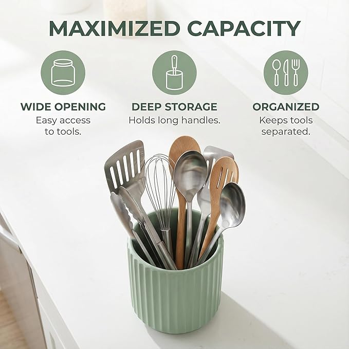 Kitchen Holder for Cooking Utensils, Kitchen Crocks for Storing Utensils (H5.51” x W4.92”), Flatware & Utensil Storage Spoon Stand Ceramic, Includes Silicone Drying Mat Milk Tea Color