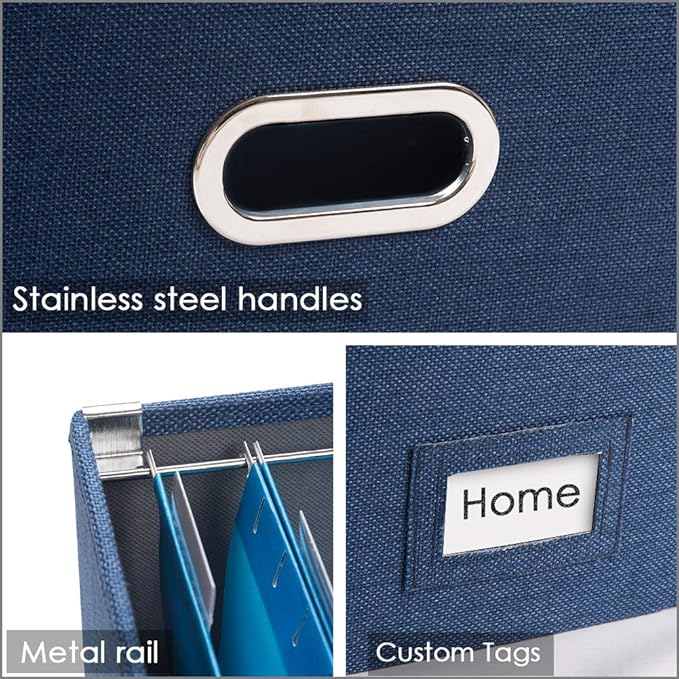 PRANDOM File Organizer Box - Set of 2 Collapsible Decorative Linen Filing Storage Hanging File Folders with Lids Office Cabinet Letter/Legal Size Navy Blue (17x14x11.2 inch)