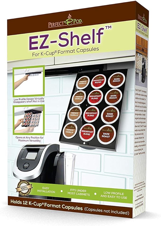 PERFECT POD EZ-Shelf Under Shelf Storage for K Cups, Space-Saving Under Counter Cabinet Coffee Pod Holder, 10.5" x 7.25" x 2", Holds 12 Cups