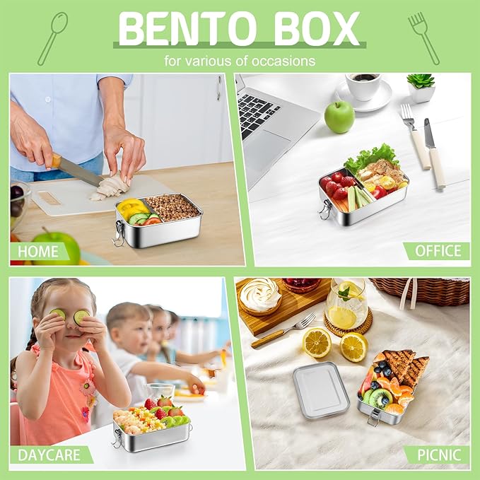 TeamFar Stainless Steel Bento Box, 28oz/850ML Small Metal Bento Lunch Box Container for Adults/Kids, for Home/School/Office/Travel, With 2 Removable Dividers, Leak-Proof & Dishwasher Safe