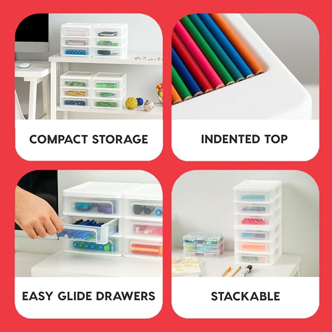 IRIS USA Plastic Stacking Desk Top 3-Drawer Storage Organizer, 2-Pack, for Makep Vanity Nail Polish Bathroom Stationery Art Craft Supplies Kitchen Office Garage and Small Organization, Small, White