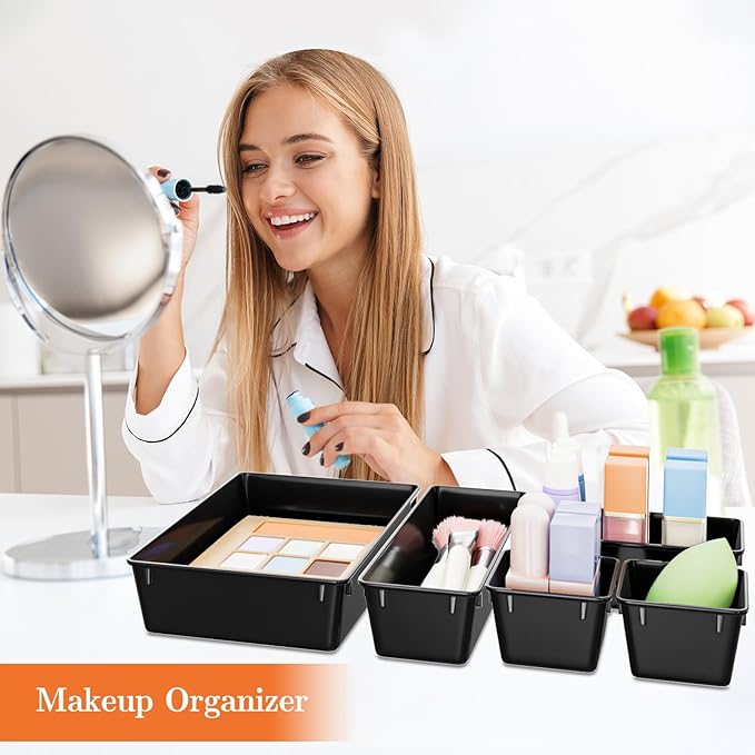 25 PCS Plastic Drawer Organizer Set, 4-Size Versatile Organizer Trays & storage Bins for Makeup, Jewelry, and Gadgets in Bathroom, Bedroom and Office, Black