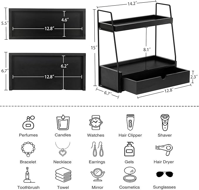 2-Tier Bathroom Organizer Countertop with Drawer, Wood Counter Organizer for Bathroom Decor, Sink Shelf for Vanity Storage, Makeup Tray for Perfume Skincare Bedroom Kitchen Corner