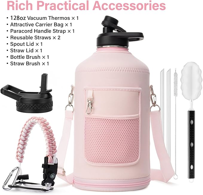 1 Gallon Water Bottle Insulated | Thickened Stainless Steel Vacuum Metal Water Jug | Portable Sports Large for Gym and Hiking with Straw, Carrier Bag, Handle Strap | BPA-Free 128 oz