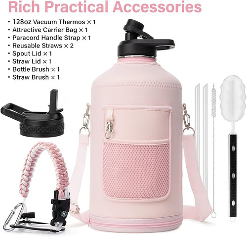 1 Gallon Water Bottle Insulated | Thickened Stainless Steel Vacuum Metal Water Jug | Portable Sports Large for Gym and Hiking with Straw, Carrier Bag, Handle Strap | BPA-Free 128 oz