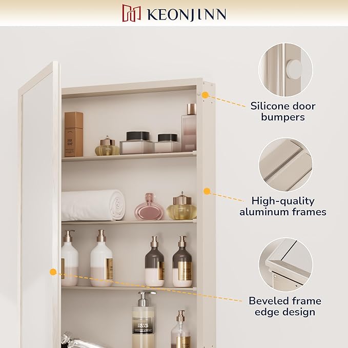 Keonjinn Medicine Cabinet Mirror 30" x 26", Assembly Needed, Brushed Nickel Bathroom Mirror with Storage, Beveled Aluminum Frame, Stepless Adjustable Shelves, Surface Mount or in Wall