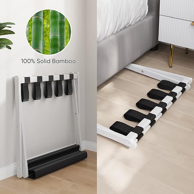 2 Pack Luggage Rack, Folding Luggage Rack for Guest Room, White Bamboo Suitcase Stand Holds up to 131 lb, Luggage Stand with Storage Shelf for Hotel, Bedroom