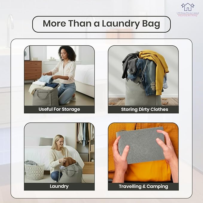 LFH Home Cotton Canvas Large Laundry Bag with Handle, Heavy Duty Drawstring Closure Washable Laundry Bags, School Travel, Home, Hotel, College Dorm, Organizer Sack, Toys Clothes 24x36 (Pack of 2)-Grey