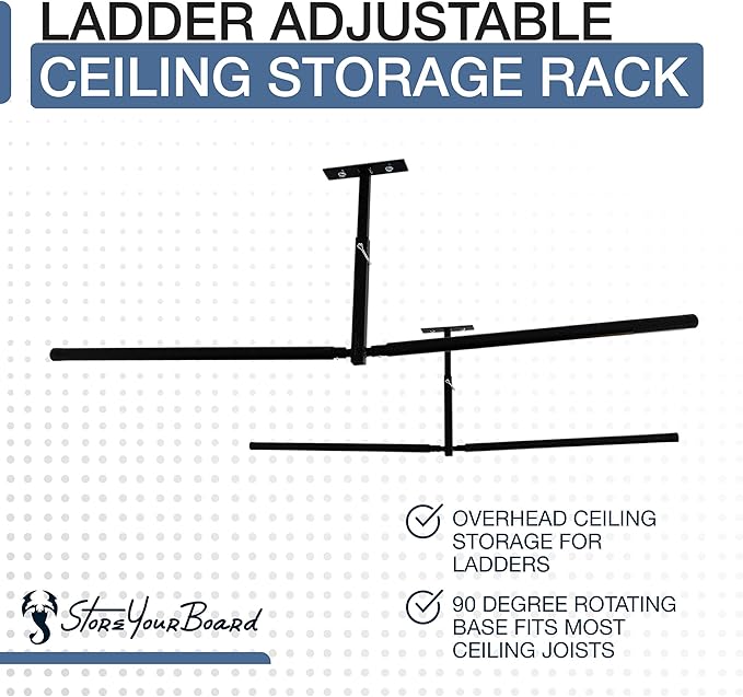 StoreYourBoard Adjustable Overhead Ladder Rack – Garage Organizer Ladder Shelf for Step & Extension Ladders - Storage Racks and Shelving for Garage Organization - Ceiling Mounted - Holds 150 lbs