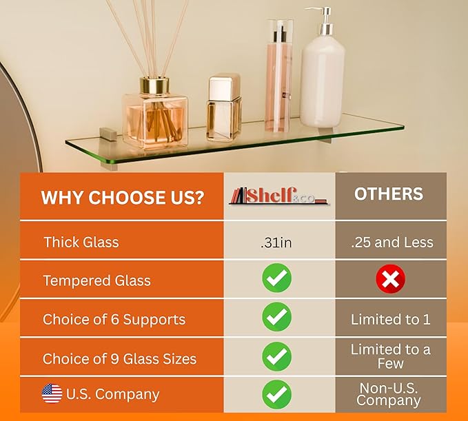 Glass Shelves - Tempered Safety Glass Shelves for Bathroom, Choose Over 20 Shelf Brackets and Multiple Shelf Sizes - Jam Style - 23.6 x 5.9 in - Chrome Clip