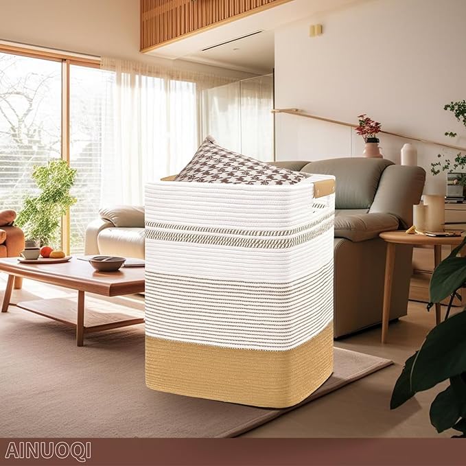 Laundry Hamper Large Laundry Basket with Leather Handles, Decorative Storage Cotton Rope Woven Basket for Blankets, Clothes Hamper for Living Room, Jute & White, 85L