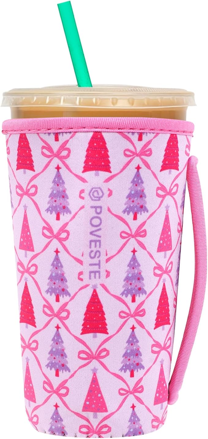 Reusable Neoprene Insulator Sleeve for Iced Coffee & Cold Soda, Coffee Sleeves for Iced & Hot Drinks, Cold Beverage Cooler Compatible with Starbucks, Dunkin (Christmas Tree, Large: 32oz)