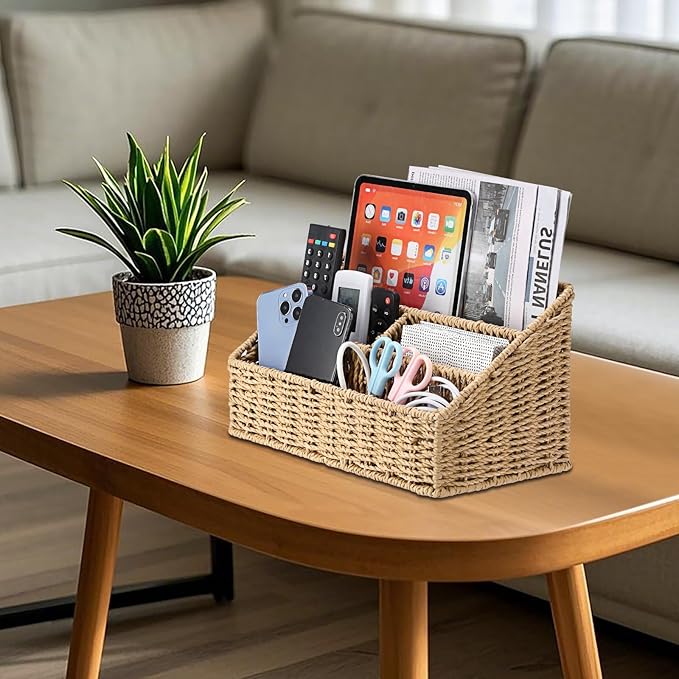 BTSKY Woven Storage Basket Rattan Vertical Wicker Storage Baskets with 4 Compartments Desk Organizers and Storage Magazine File Holder Home Office Supplies Sorter Rack, Wicker Mail Organizer