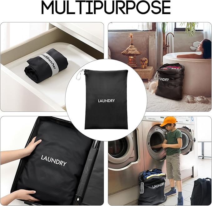 XL Travel Laundry Bag, Washable Dirty Clothes Travel Bag Waterproof Wet Dry Bags Reusable Camp Clothes Organizer for Sports Home College Dorm Laundromat (1 Pcs) Black