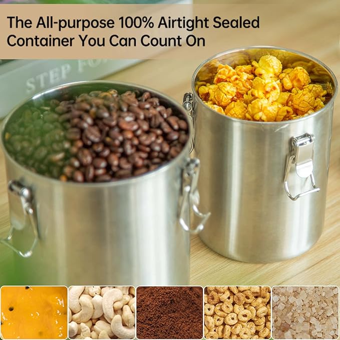 Compact Stainless Steel 100% Airtight Canisters Sets for Small Kitchens | Metal Food Storage Containers with Lids Sealed - Keep Flour, Sugar, Coffee, Tea Fresh for Months (18+35+56 fl oz)