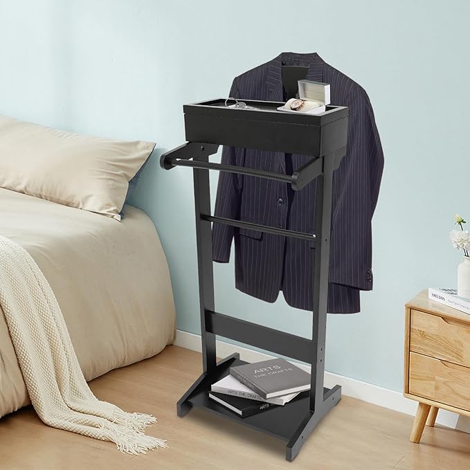 Wood Suit Rack Stand, Freestanding Valet Stand with Base and Drawer, Suit Valet Stands Organizer for Men and Women, Clothes Coat Valet Rack for Bedroom Office Entryway(Black)