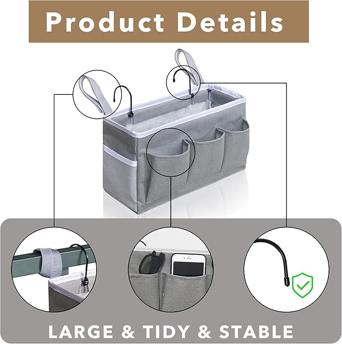 Bedside Caddy Hanging Storage Bag, Organizer Baskets with Pockets for Bunk Bed Accessories, Loft & Dorm Rooms Chair Bed Rails (Gray-3pcs)