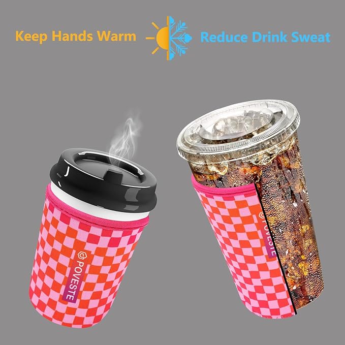 Reusable Neoprene Insulator Sleeve for Iced Coffee & Cold Soda, Coffee Sleeves for Iced & Hot Drinks, Cold Beverage Cooler Compatible with Starbucks, Dunkin (Gradient Cherckerboard, Medium: 22-24oz)