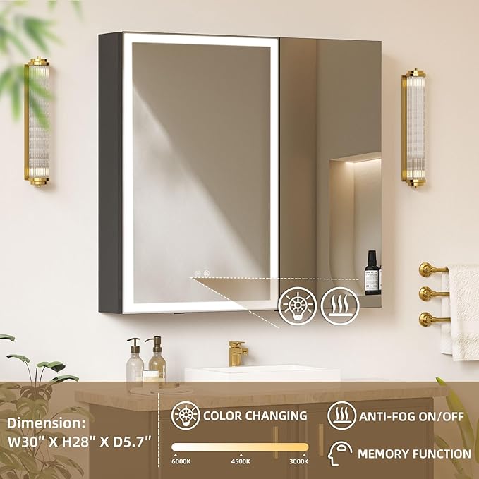 30x28 Medicine Cabinet with Lights Mirror, LED Lighted Medicine Cabinet Wall Mounted, Modern Sturdy Aluminum Mirrored Cabinet with Memory 3 Color Dimmable and Defogger, Adjustable Shelves