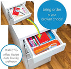 Three by Three Seattle 5 Piece Metal Organizer Tray Set for Storing Makeup, Stationery, Utensils, and More in Office Desk, Kitchen and Bathroom Drawers (2 Inch, Assorted Blue and Stripes)