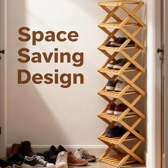2/3/4/5/6/7/8/9 Tier Bamboo Folding Shoe Rack,2026 New Bamboo Foldable Shoe Rack,no Installation Required,Vertical Multi-Layered Organizer,Space-Saving for Entryways& Balconies (Brown, 2)