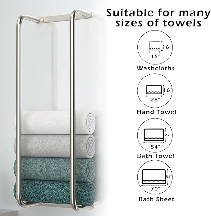 Stainless Steel Wall-Mounted Bathroom Towel Rack and Organizer for Rolled Towels, Ideal for Modern Small Bathrooms with Limited Space, Sleek and Chic Sliver Design.