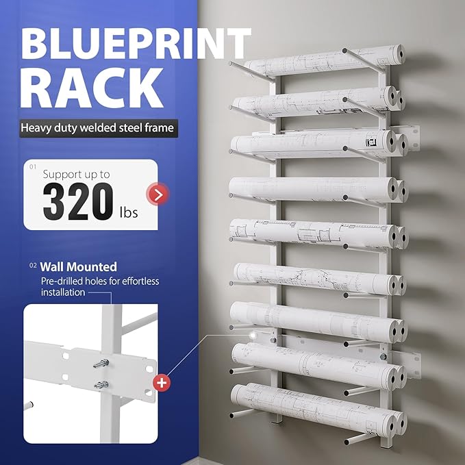 Wall Mount Blueprint Storage Rack Hanging File Roll Poster Display Rack Heavy Duty Roll File Holder for Construction Plan Posters Vinyl RollsHigh Map Capacity 320 lbs
