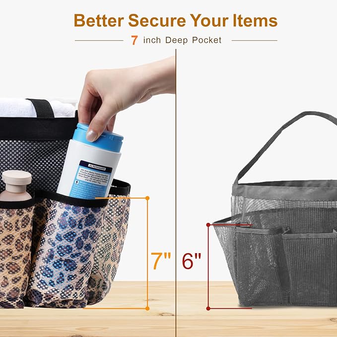 F-color Shower Caddy Portable - Mesh Shower Bag Basket Tote for College Dorm Room Essentials Bathroom Gym Camp Quick Dry for Women Men with S Hook, Leopard