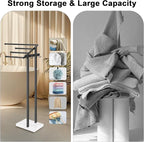 HarJue Towel Rack for Bathroom, 36” H Towel Holder Stand, Bath Towels Sheet Holder with Marble Base, Standing Rack for Home Pool Outdoor Floor, Store Family Member Towels (Black, 36” H-Hooks)