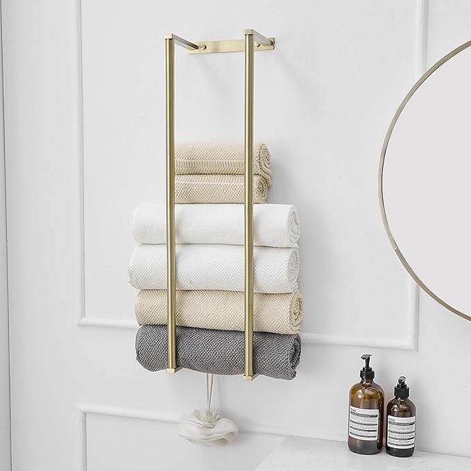 BWE Brushed Gold Towel Racks for Bathroom, 28" Stainless Steel Bathroom Towel Holder for Rolled Towels, Wall Mounted Towel Storage for Bathroom with 2 Hooks, 6 Large Bath Towels Capacity