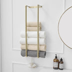 BWE Brushed Gold Towel Racks for Bathroom, 28" Stainless Steel Bathroom Towel Holder for Rolled Towels, Wall Mounted Towel Storage for Bathroom with 2 Hooks, 6 Large Bath Towels Capacity