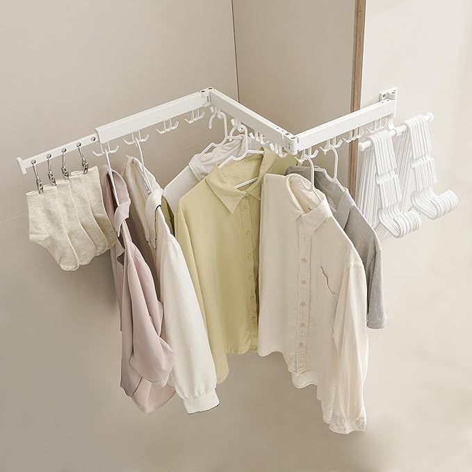 JOOM Clothes Drying Rack Wall Mounted,Folding Clothes Drying Rack,Retractable,Collapsible(Tri-Fold,Upgrade Hook),Wall Mounted Drying Rack for Laundry Balcony Bathroom (White)