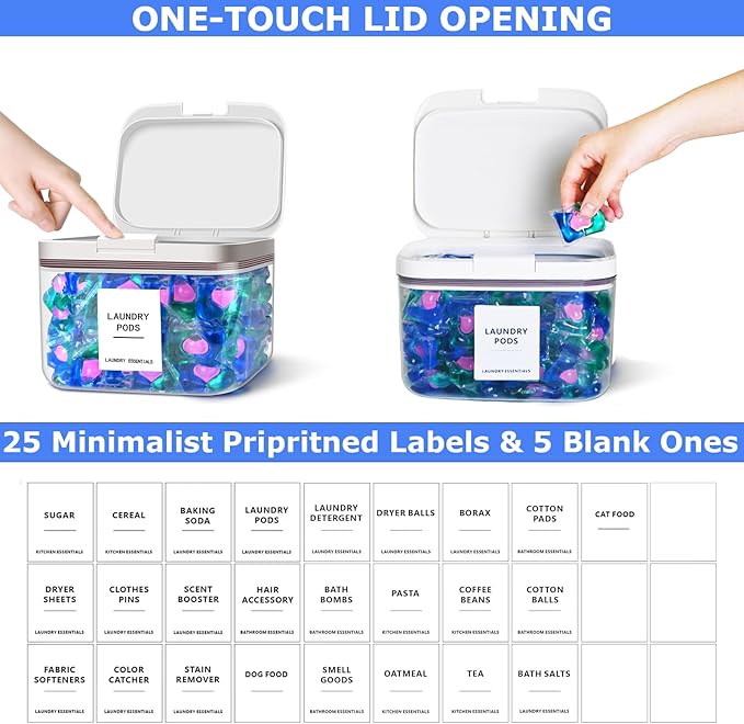 94oz/2.8L Laundry Pods Container for Room Organization, Pod Up Holder With 30 Labels and Scoop, Detergent Powder Container, Dryer Sheet Holder, 150 Pods
