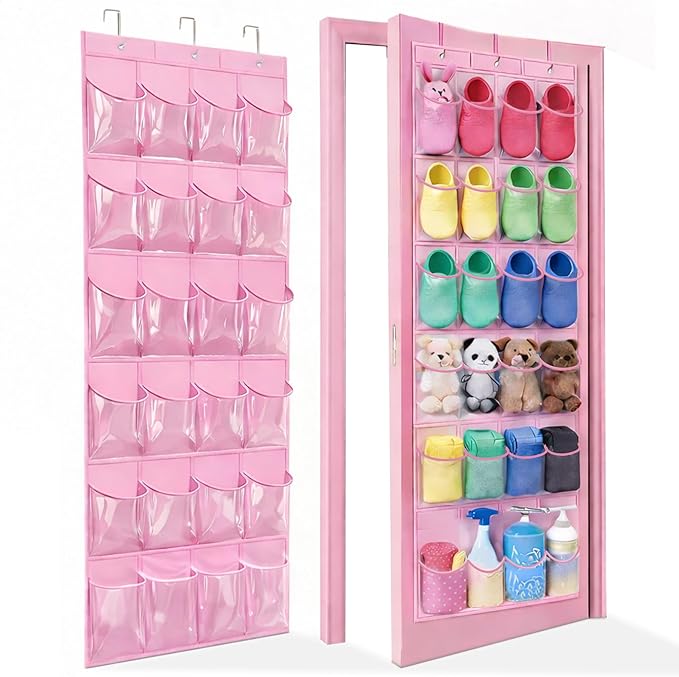 Over-the-Door Kids Shoe Organizer, Pink Shoe Rack for Door, 24 Crystal Clear Pockets, Heavy-Duty Hanging Organizer, 3 Metal Hooks for Toddler Shoes