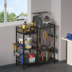 keomaisyto Garden Tool Organizer With Basket - 3 Tier Yard Storage Rack for Garage Organization, Heavy Duty Holder With 35 Long-Handled Slots for Shed, Yard, Garage