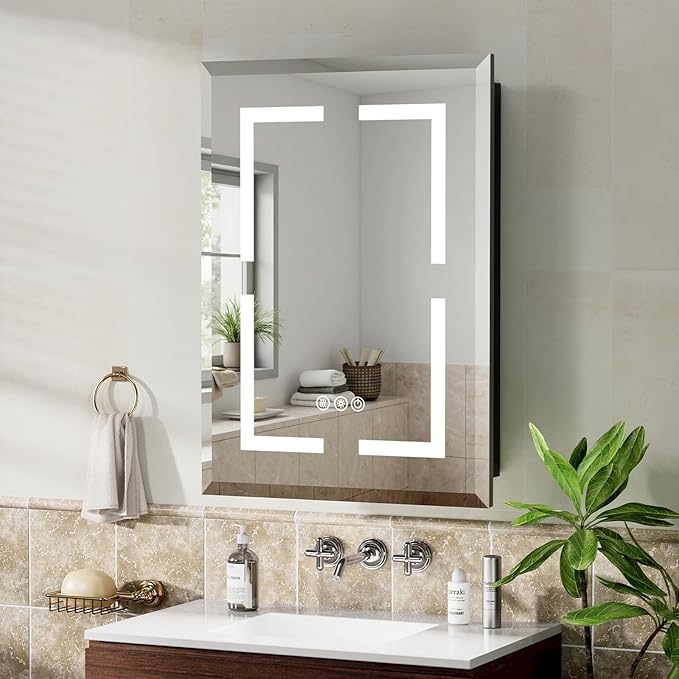 16X24 Inch Bathroom Medicine Cabinet with Mirror, Adjustable 3-Color Brightness Dimming LED Mirror Cabinet Recessed or Wall Mounted, Black Medicine Cabinet with Lights, Defogger