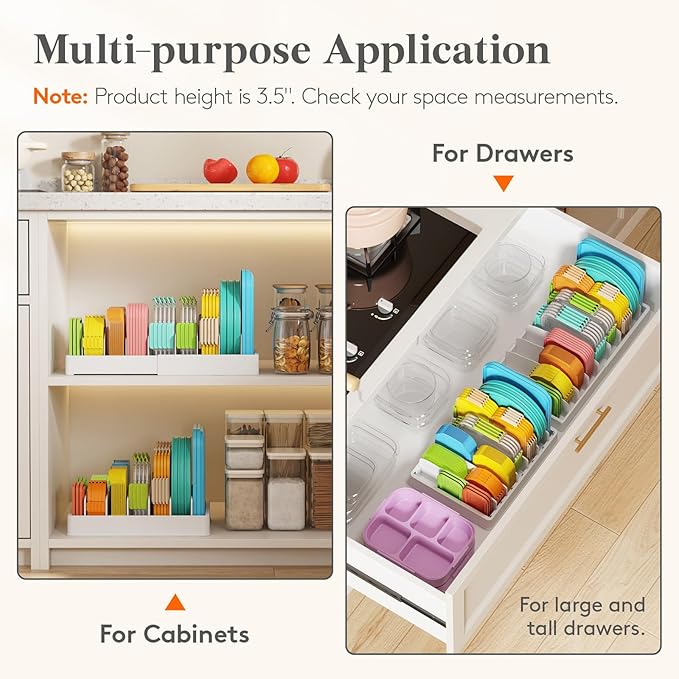 Lifewit Kitchen Cabinet Organizer for Food Contanier Lid, Lid Holder with 6 Adjustable Dividers & 7 Sections for Pantry Organizers and Storage, Home Drawer Organization, Large, 13" x 10"