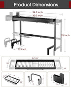 Over The Sink Dish Drying Rack, Expandable 2-Tier Stainless Steel Kitchen Storage Organization Accessories for Countertop, Rustproof & Space-Saving, 30"–34.5" L x 12" W x 25" H, Black