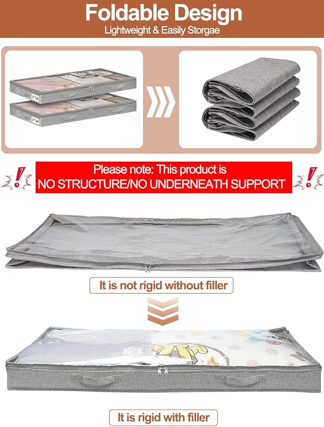 punemi 3-Inch Low Profile Under Bed Storage Containers，No-Structure, Soft Foldable Zippered Underbed Cloth Blanket Storage bins — Fits Under Crib, Couch，Sofa or Dorm bed, 4-Pack, 20x40x3in