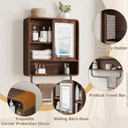QUW Modern Bathroom Wall Cabinet, Medicine Cabinets with Mirror, Over The Toilet Storage Cabinet for Bathroom, Towel Bar, Sliding Door, 3 Lighting Modes, Adjustable Brightness, Dark Walnut