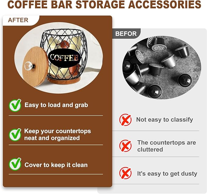 Coffee Pod Basket Holder Hollow Design Metal Coffee Pod Container with Dust Cover Holder Organizer Large Capacity Sturdy Coffee Pod Organizer (black)