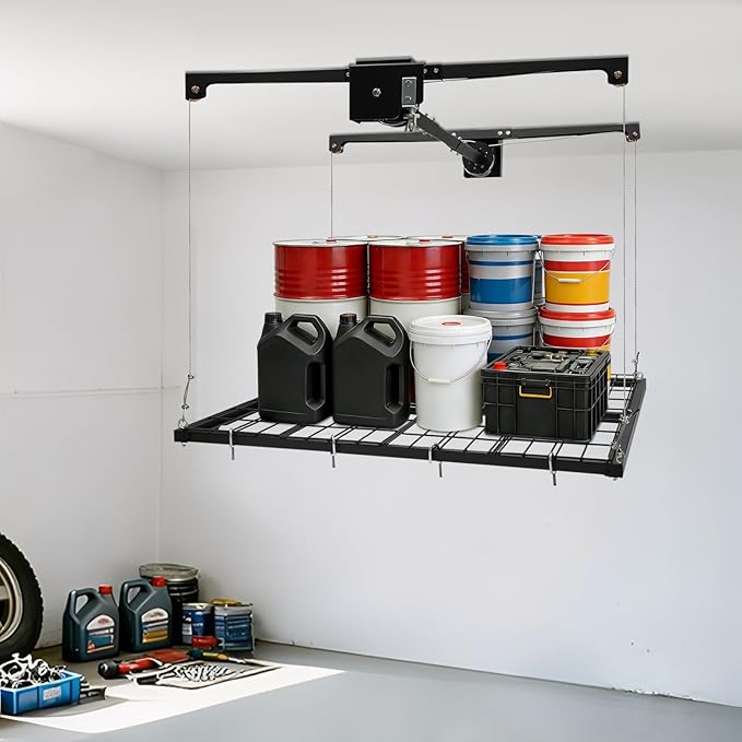 Overhead Garage Storage Rack, 48 * 48in Metal Garage Ceiling Rack Adjustable Organization System 300 Lb Weight Capacity Dual-Rope Design Rotating Handle for Storing Tools and Items